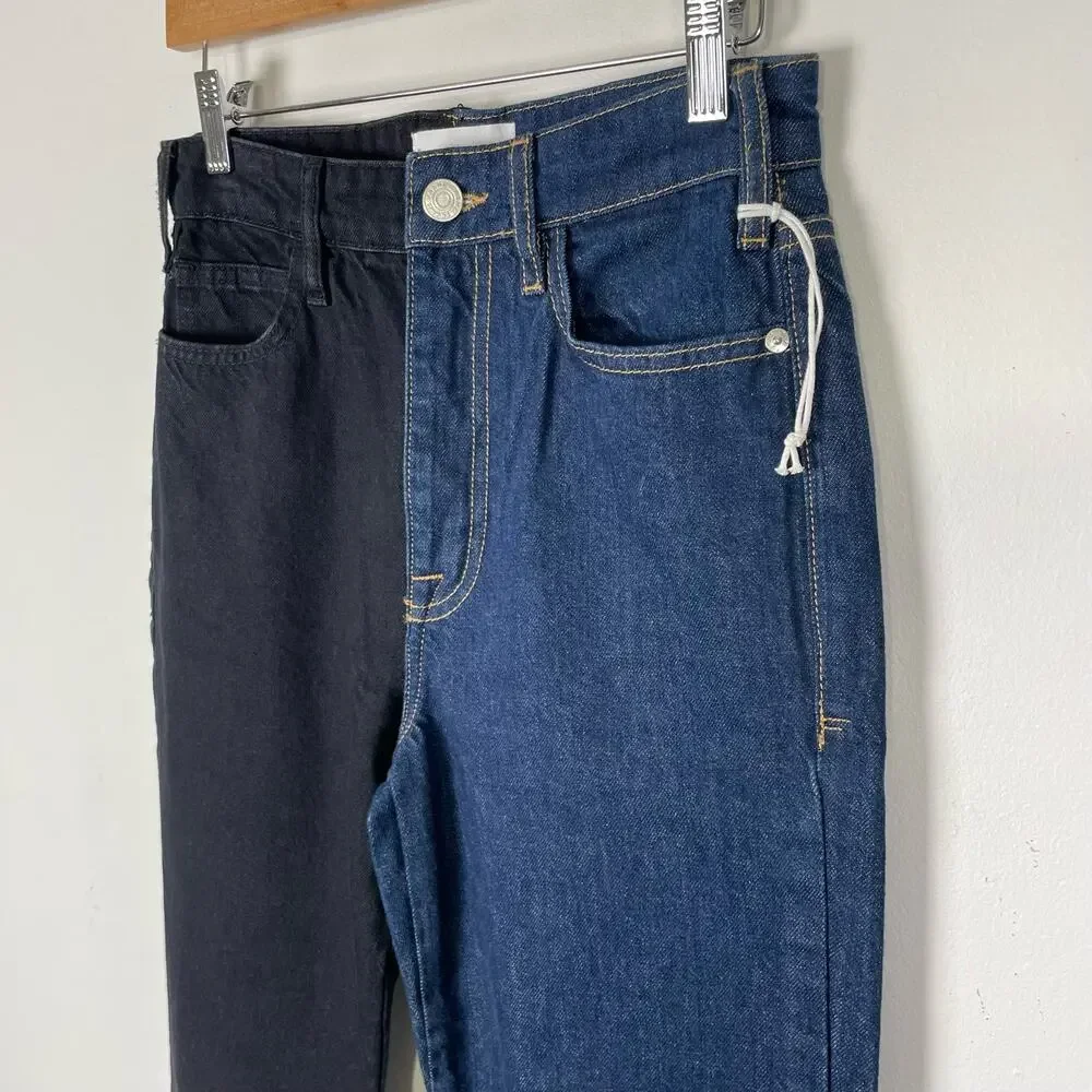 Frame NWT Le Jane High Rise Straight Leg Two Tone Colorblock Jeans Dell Noir 25